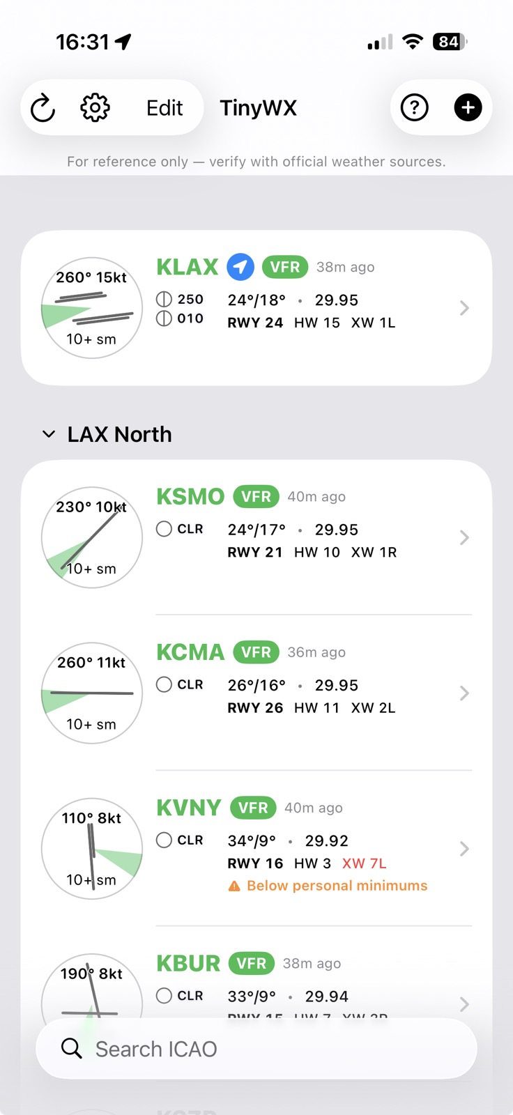 TinyWX airport list with grouped stations and wind barbs
